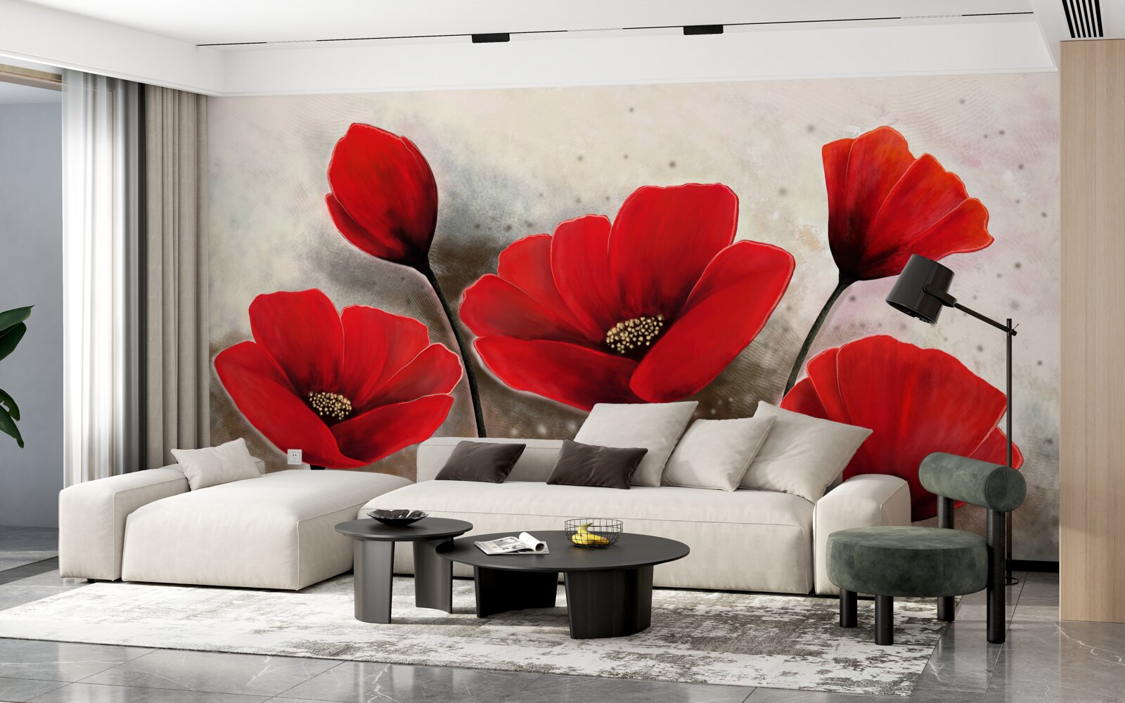 Papier peint après la pluie, les coquelicots écarlates