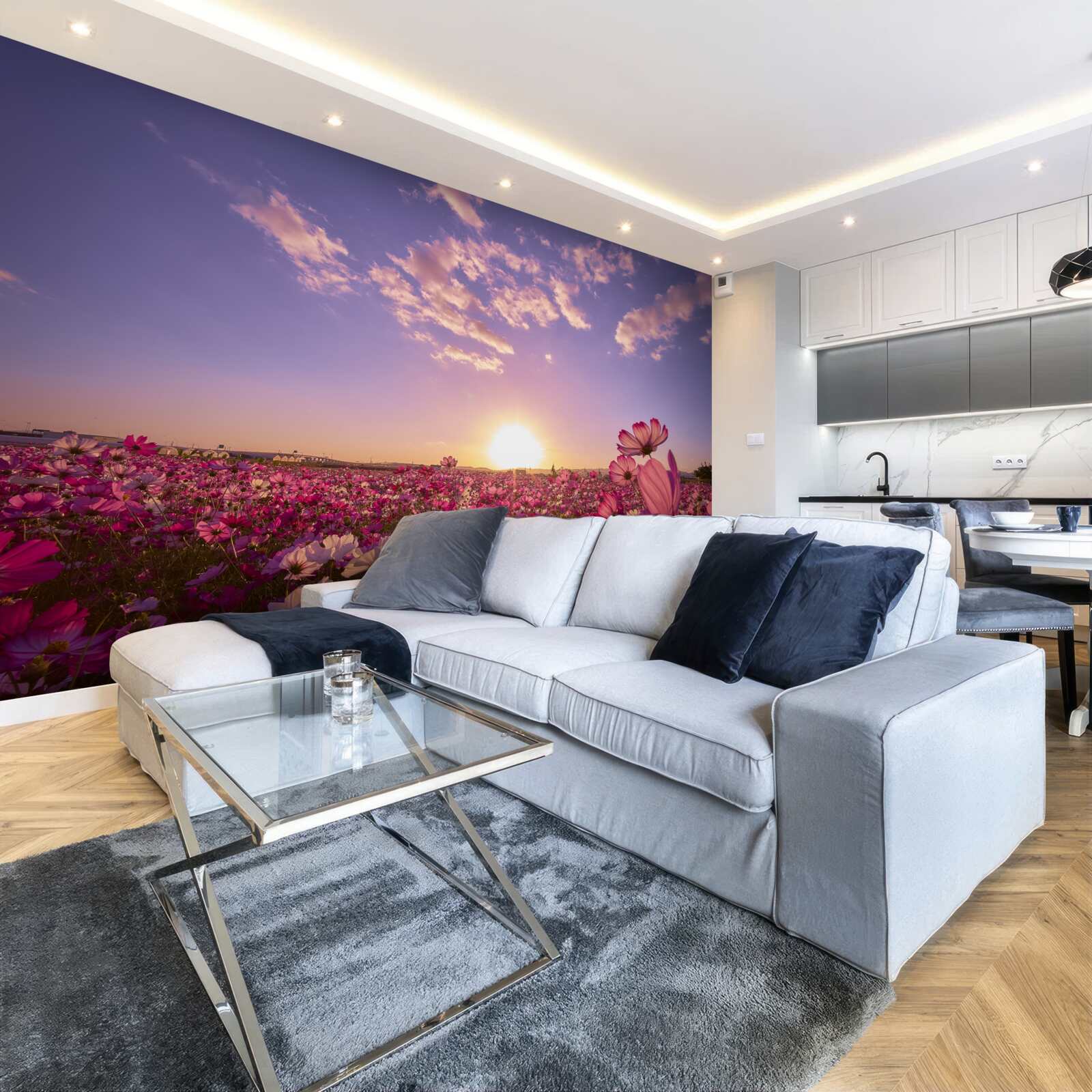 Papier peint Aube sur un champ de fleurs