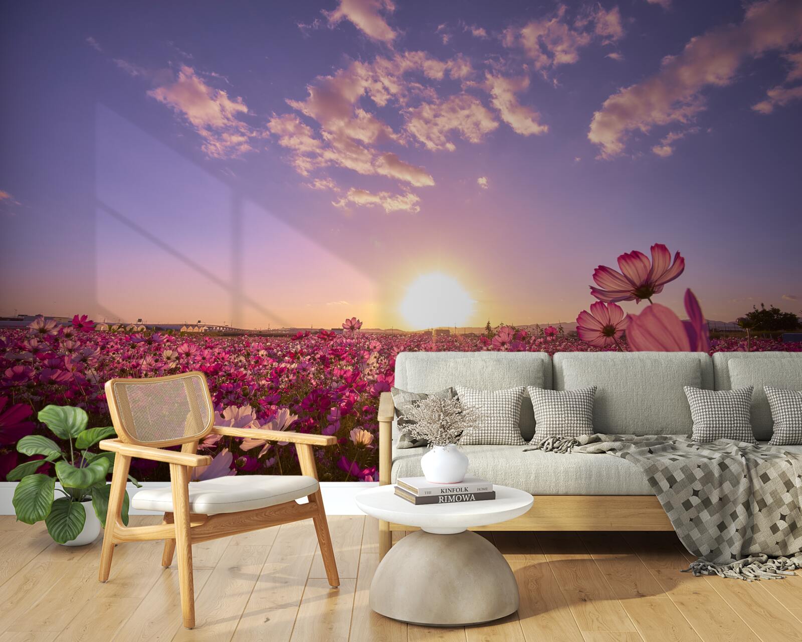 Papier peint Aube sur un champ de fleurs