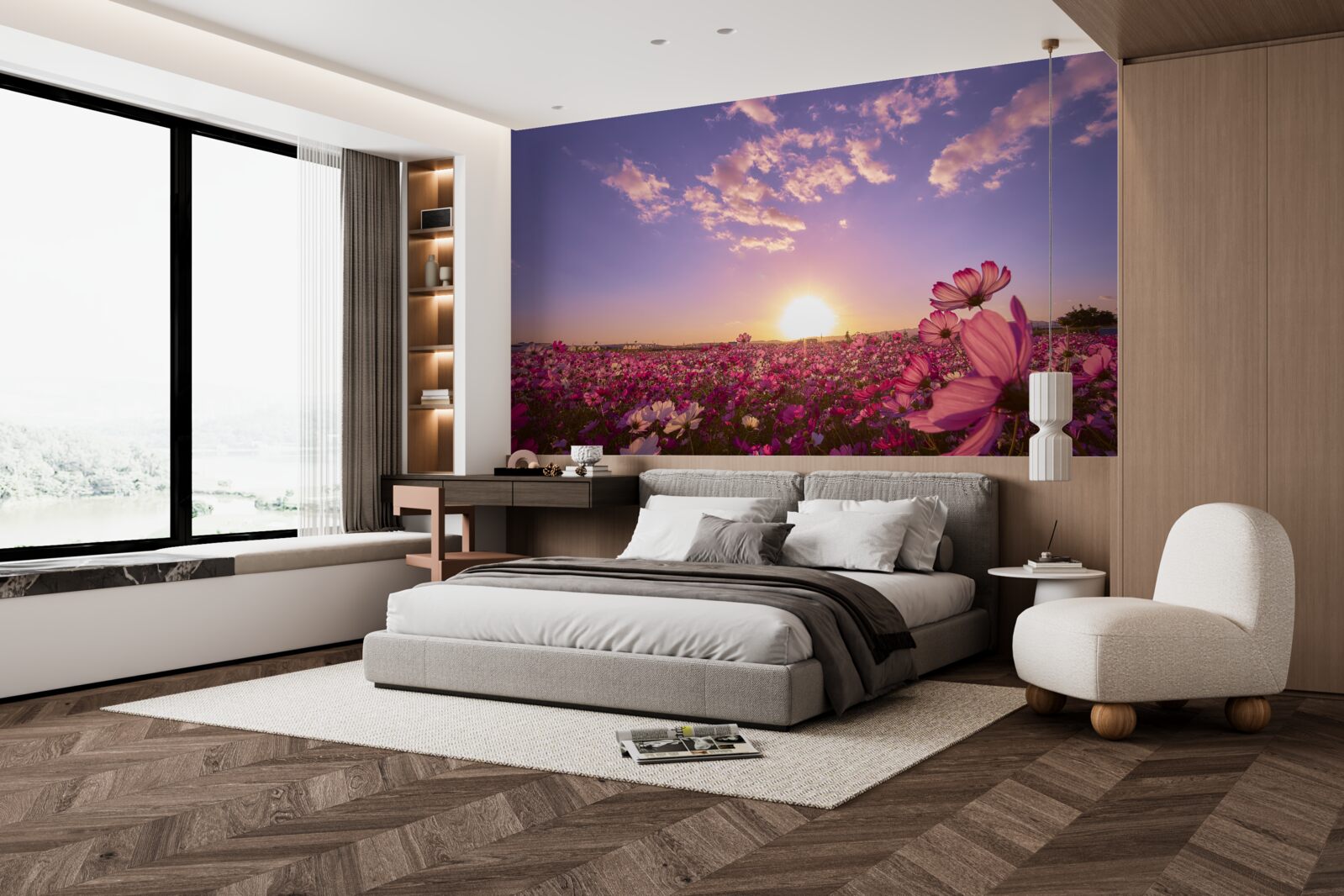 Papier peint Aube sur un champ de fleurs