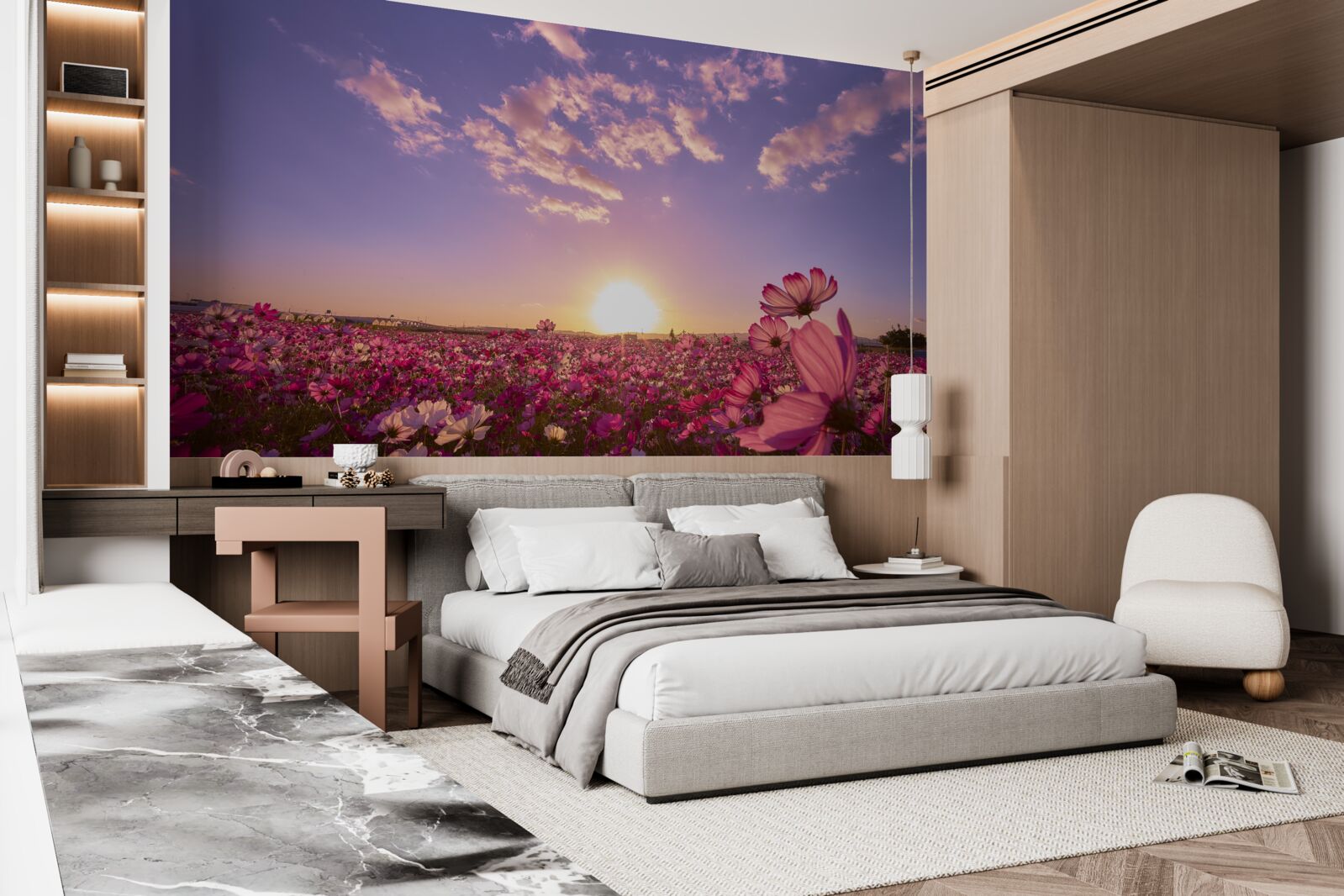 Papier peint Aube sur un champ de fleurs