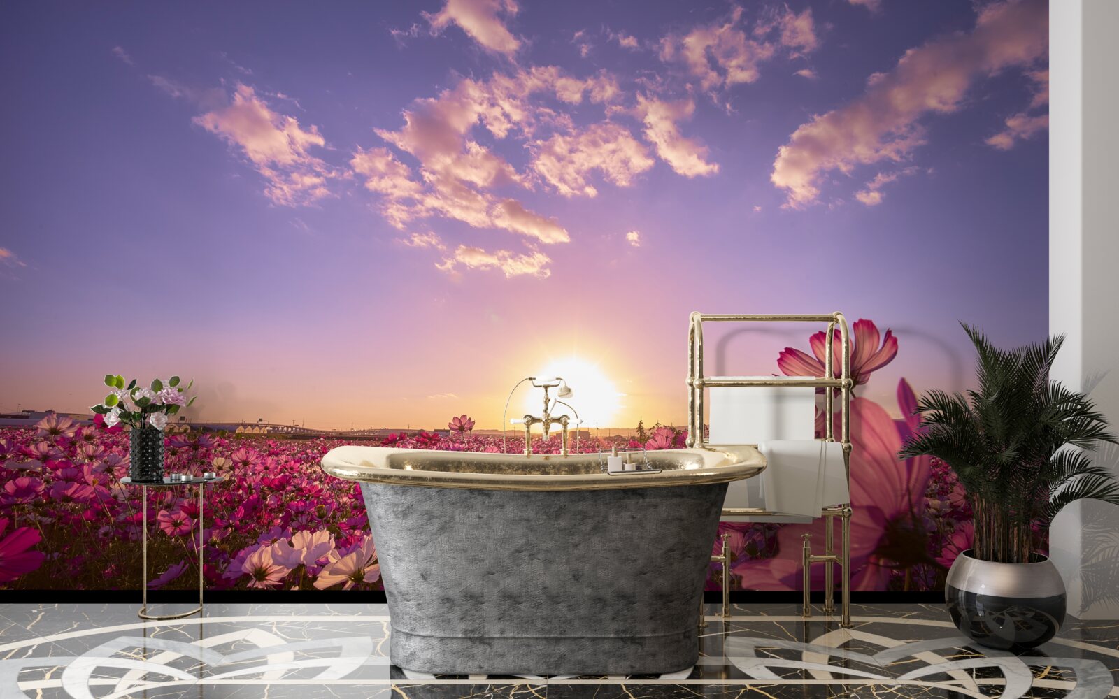 Papier peint Aube sur un champ de fleurs