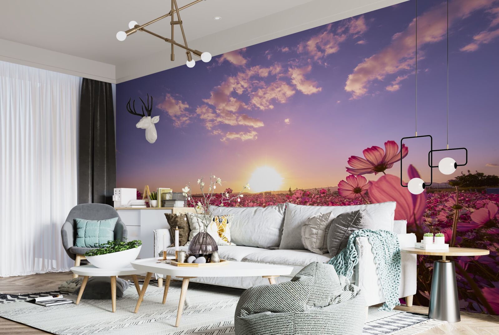 Papier peint Aube sur un champ de fleurs