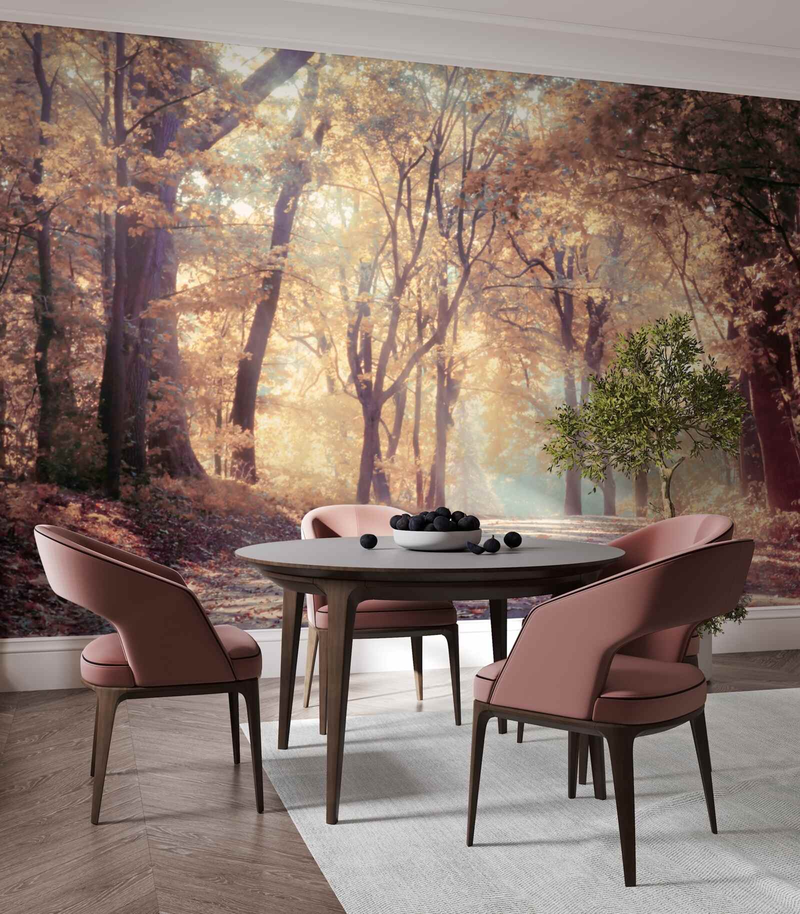 Papier peint chemin d'automne enveloppé d'une légère brume