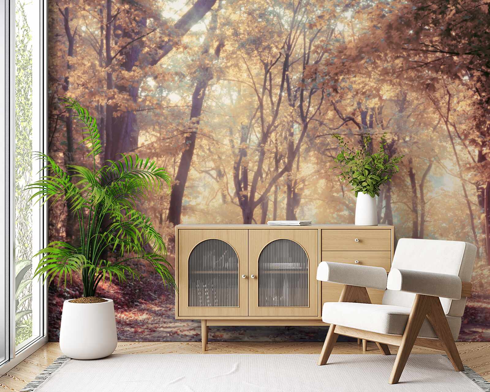 Papier peint chemin d'automne enveloppé d'une légère brume