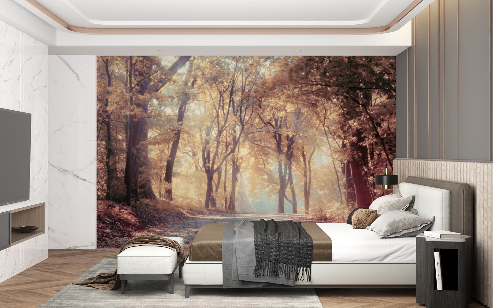 Papier peint chemin d'automne enveloppé d'une légère brume