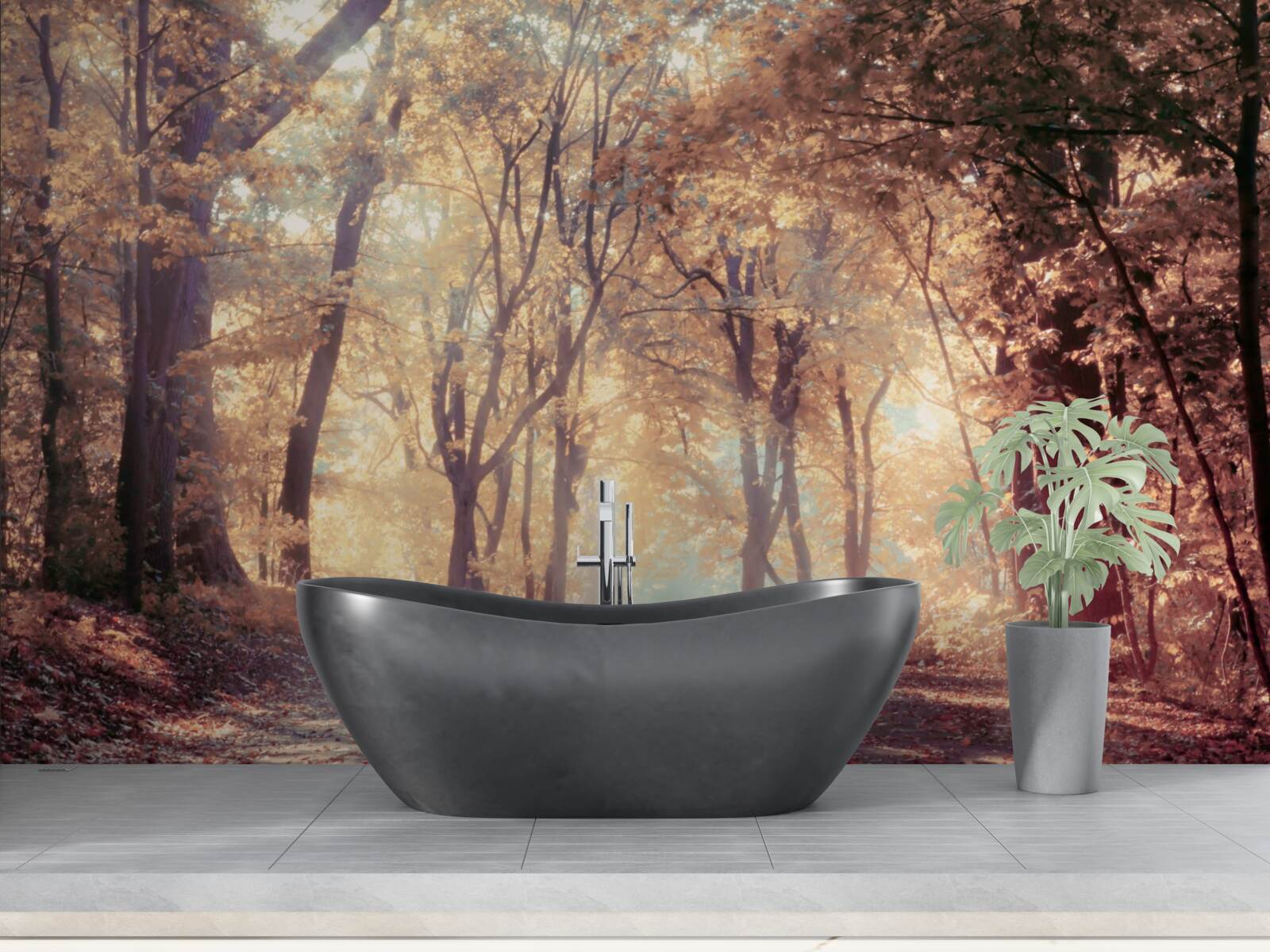 Papier peint chemin d'automne enveloppé d'une légère brume