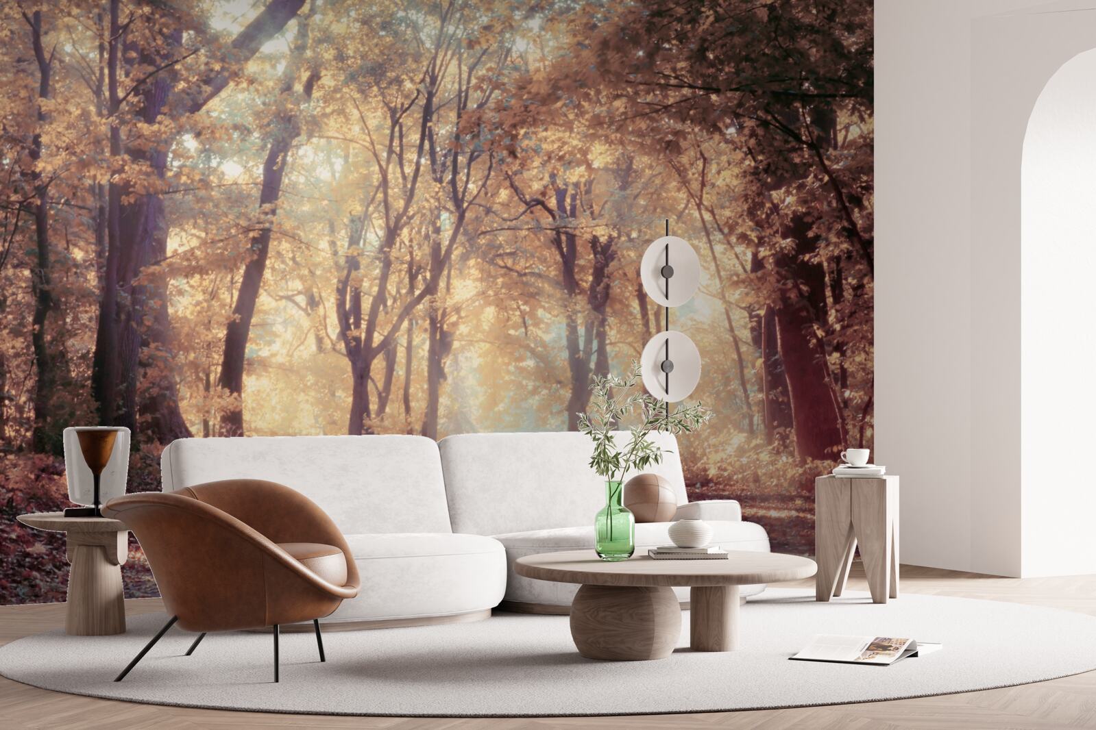 Papier peint chemin d'automne enveloppé d'une légère brume