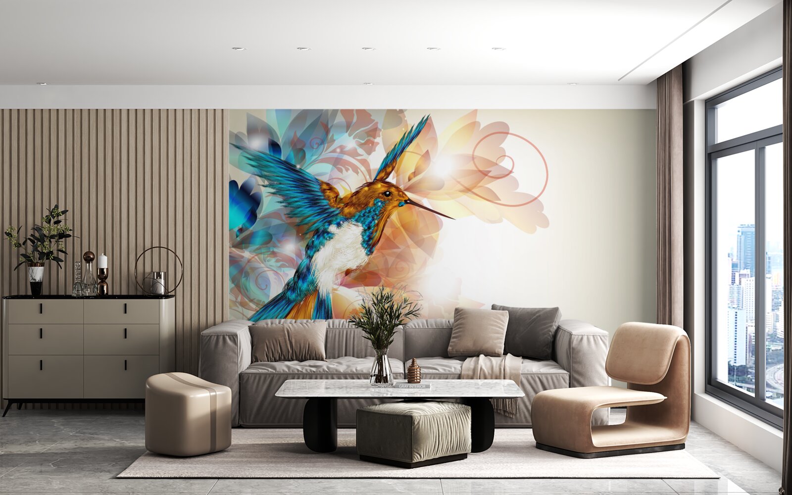 Papier peint colibri bleu immatériel