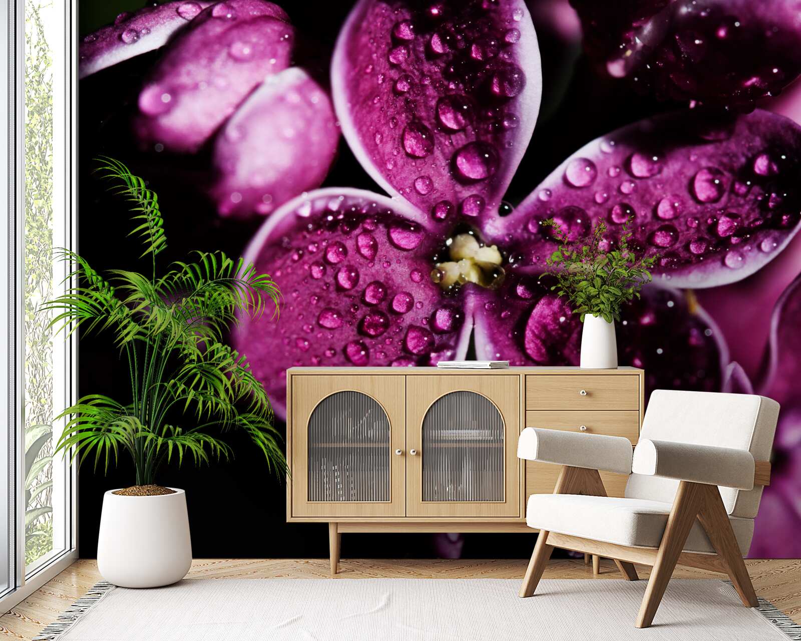 Papier peint de minuscules gouttelettes sur les fleurs avec une légère teinte violette