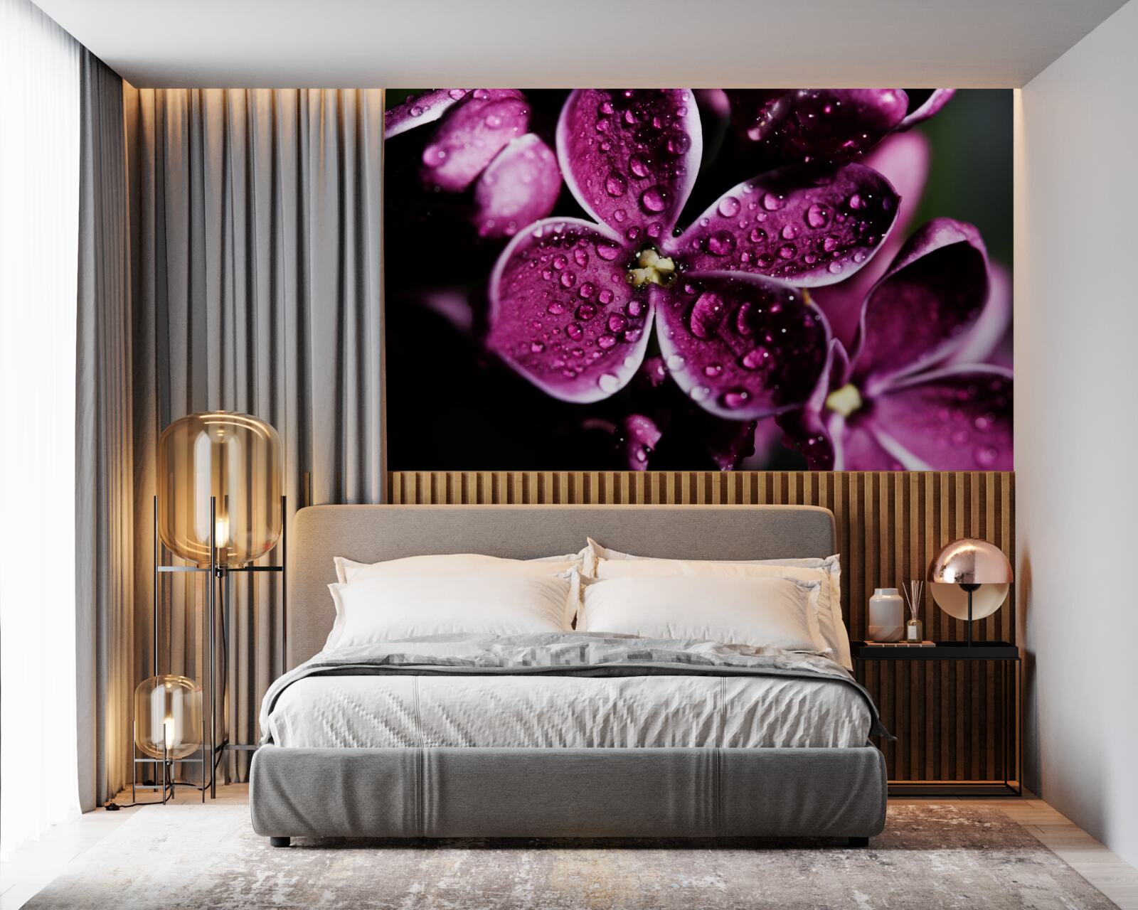 Papier peint de minuscules gouttelettes sur les fleurs avec une légère teinte violette