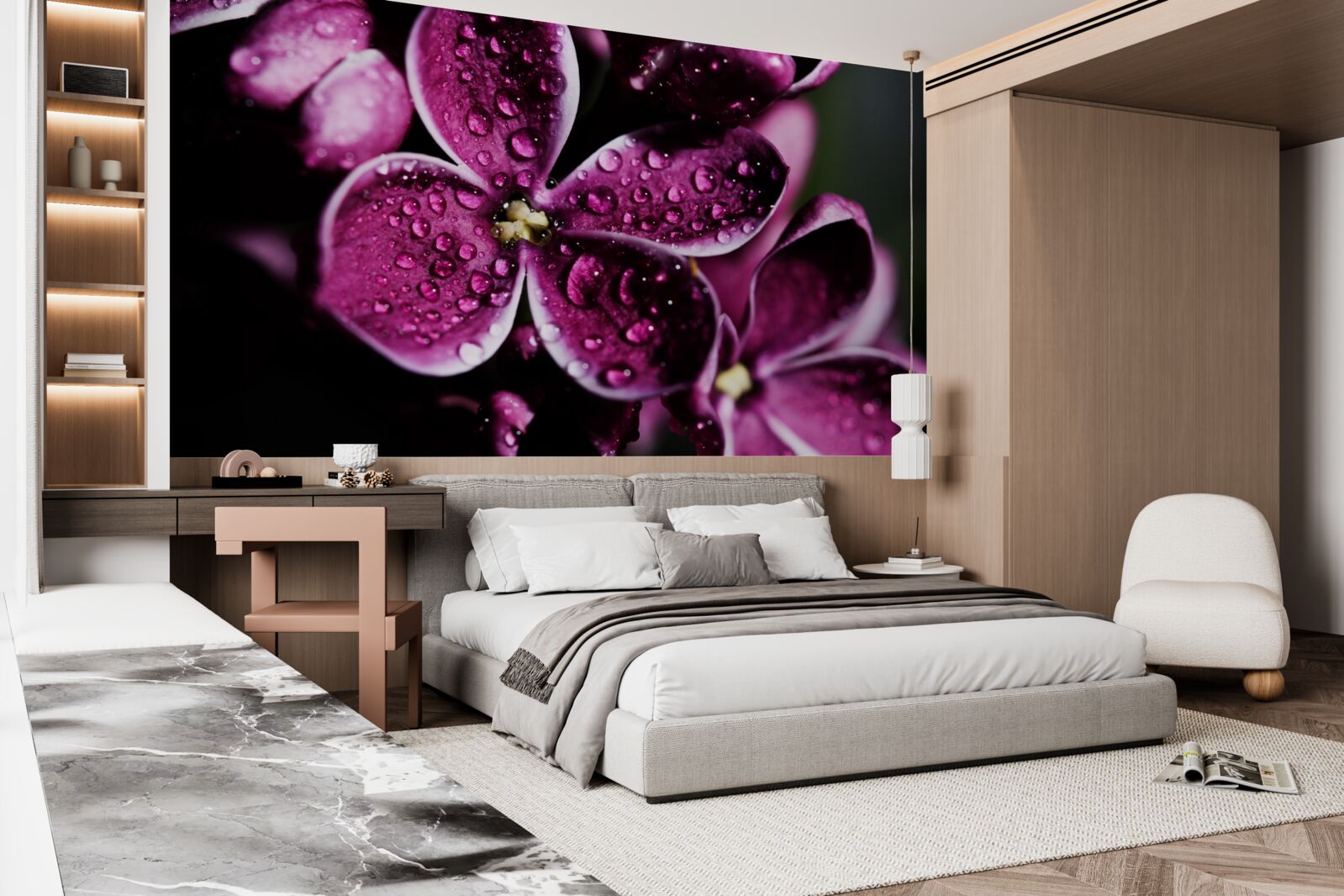 Papier peint de minuscules gouttelettes sur les fleurs avec une légère teinte violette