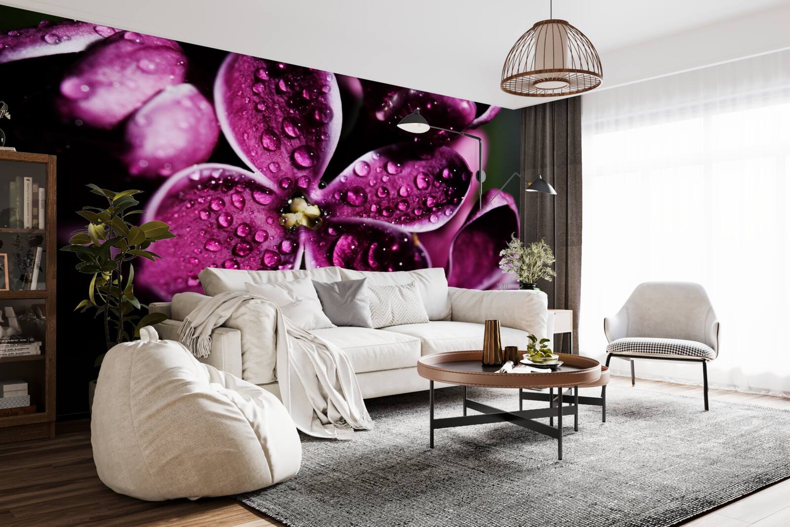 Papier peint de minuscules gouttelettes sur les fleurs avec une légère teinte violette