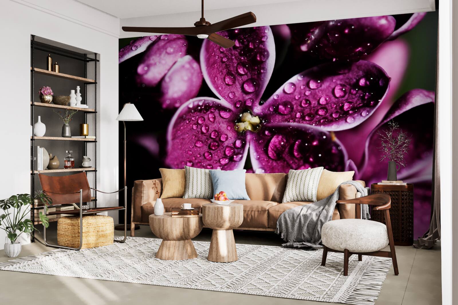 Papier peint de minuscules gouttelettes sur les fleurs avec une légère teinte violette