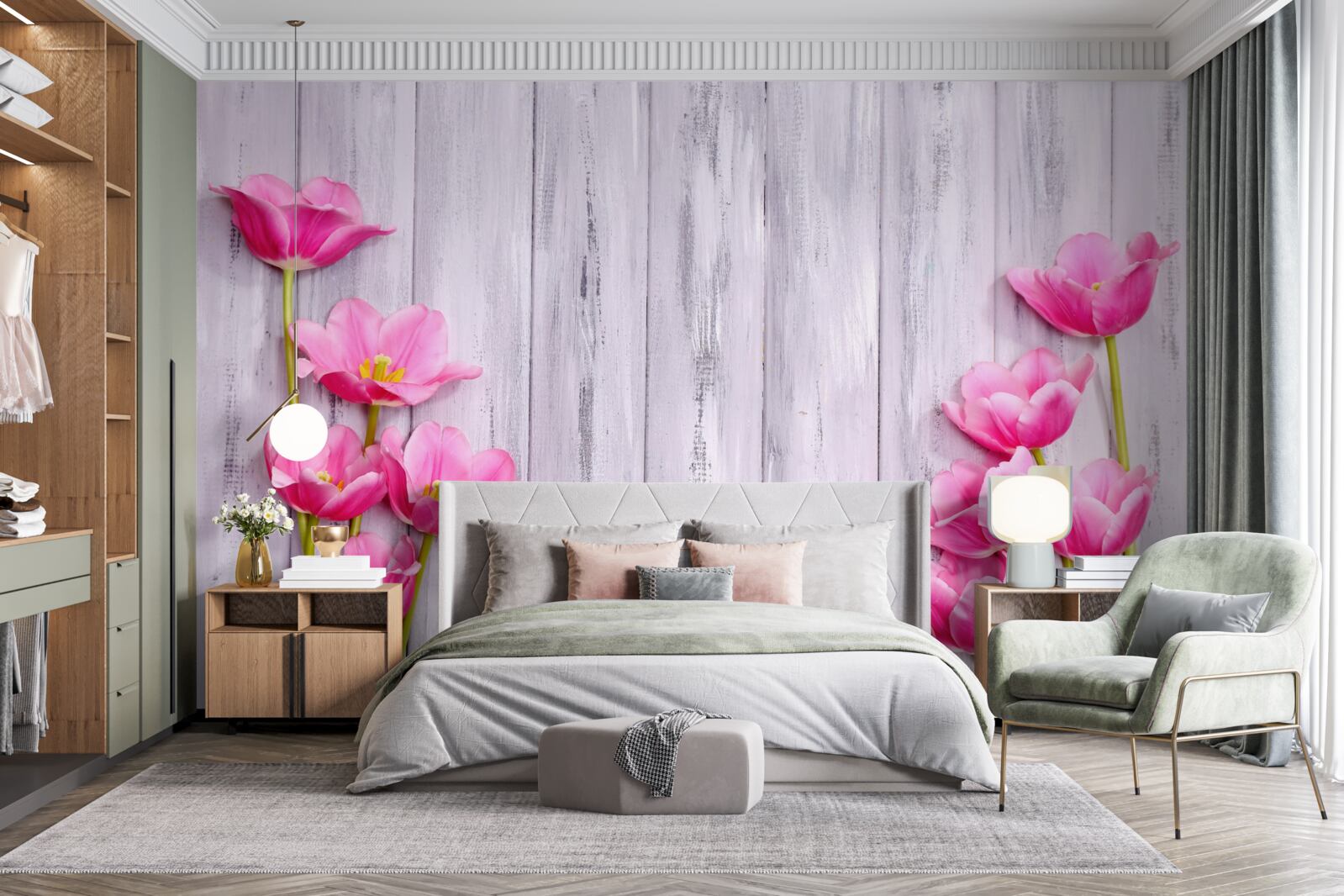 Papier peint tulipes roses poussant sur un arbre