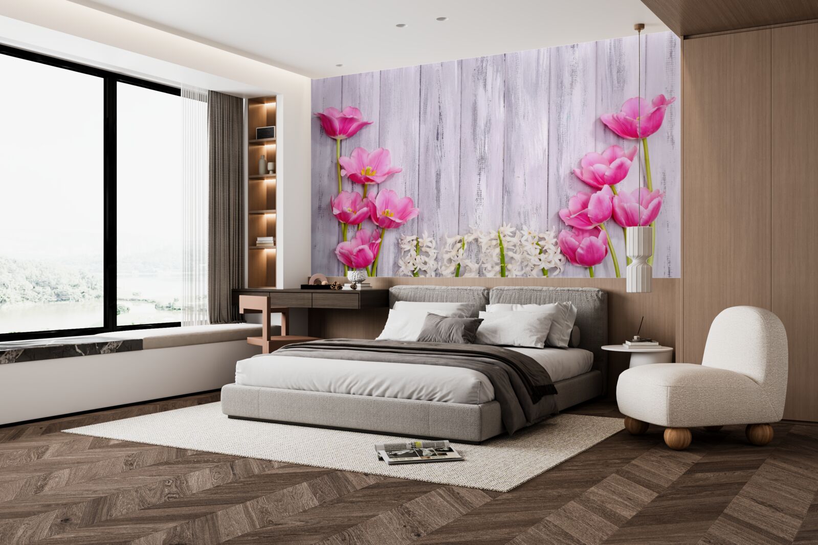 Papier peint tulipes roses poussant sur un arbre