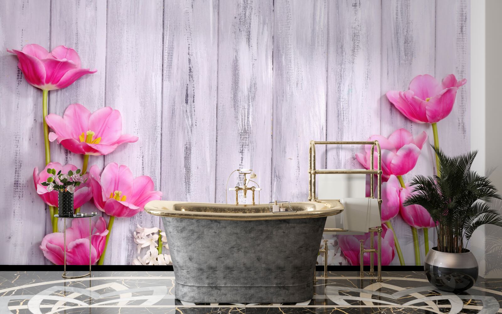 Papier peint tulipes roses poussant sur un arbre