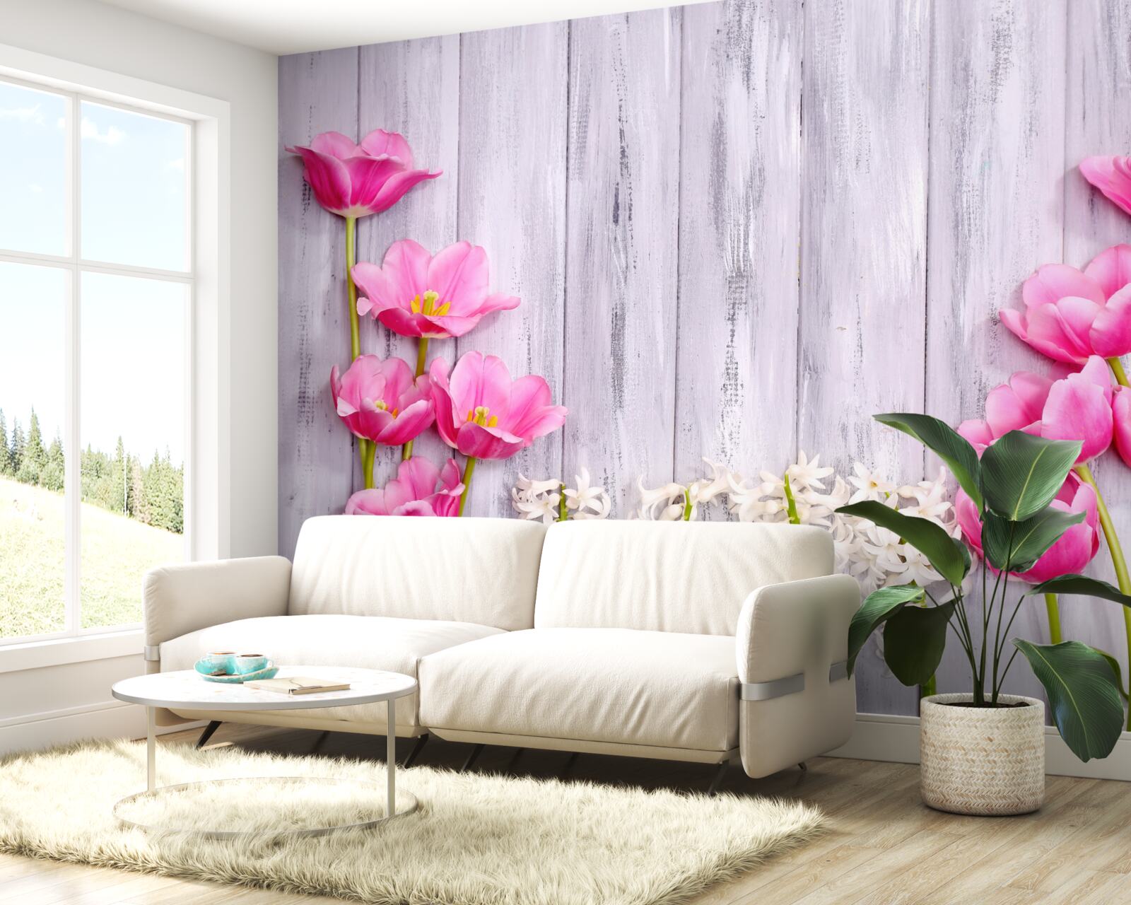 Papier peint tulipes roses poussant sur un arbre