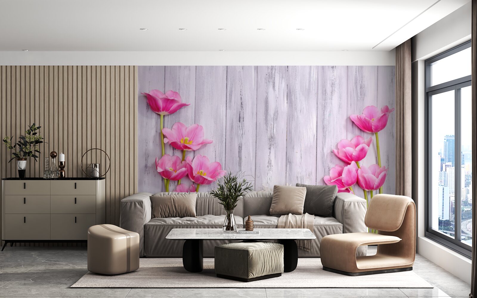 Papier peint tulipes roses poussant sur un arbre