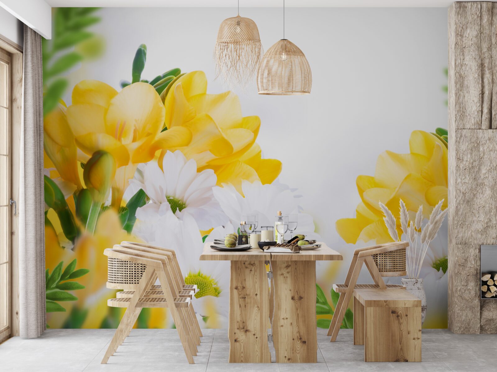 Papier peint marguerites blanches et freesia jaune