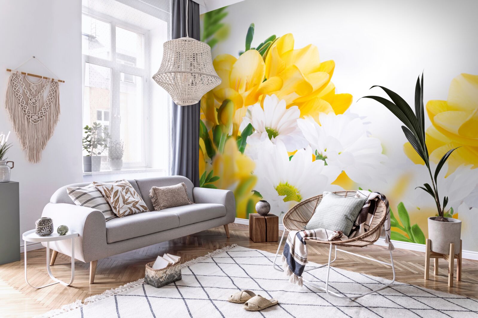 Papier peint marguerites blanches et freesia jaune