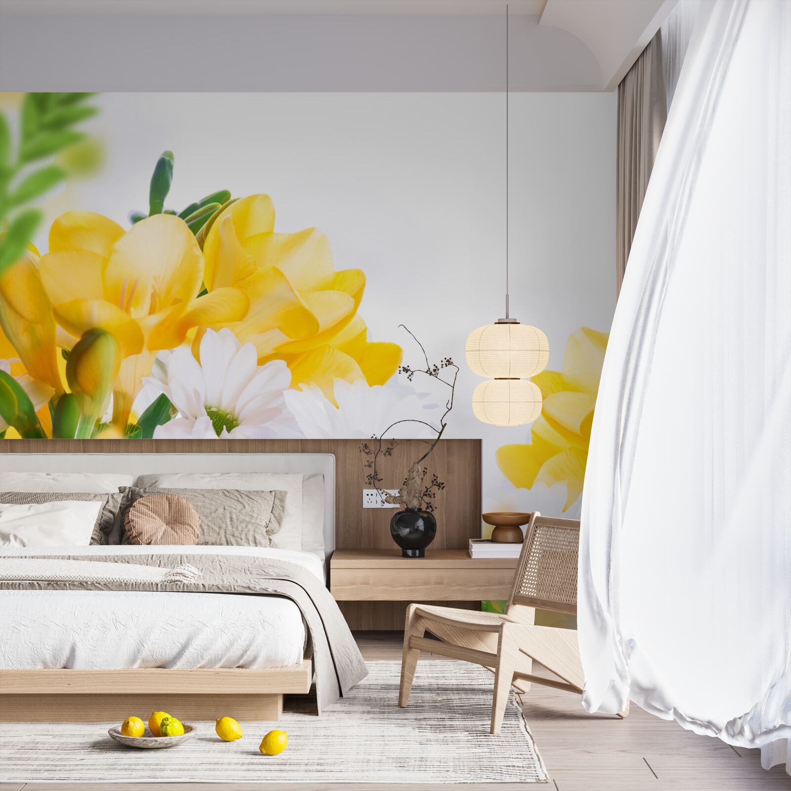 Papier peint marguerites blanches et freesia jaune