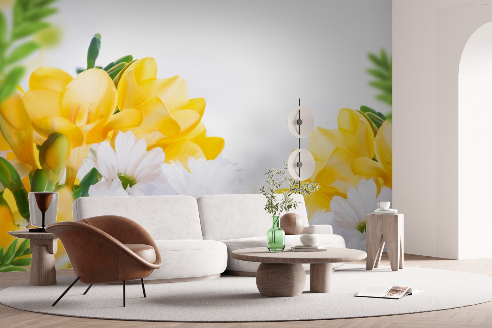 Papier peint marguerites blanches et freesia jaune