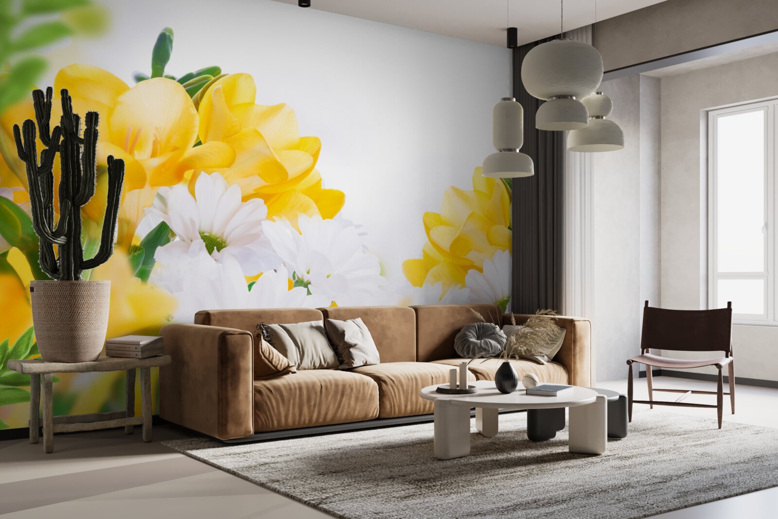 Papier peint marguerites blanches et freesia jaune