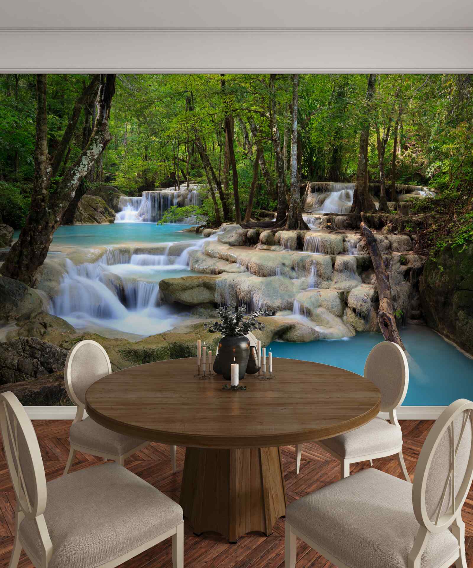 Papier peint cascades tombant dans une forêt dense