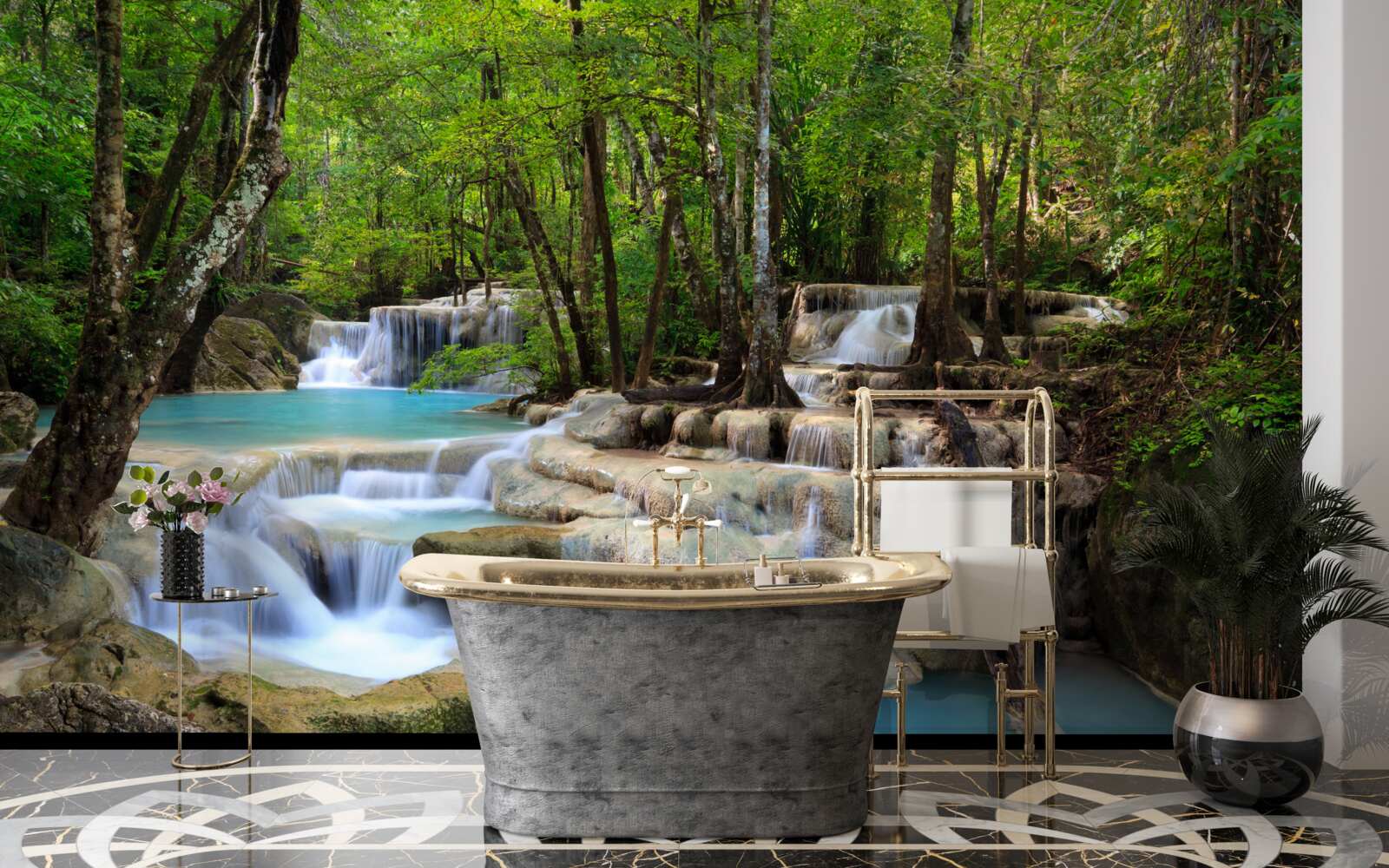 Papier peint cascades tombant dans une forêt dense