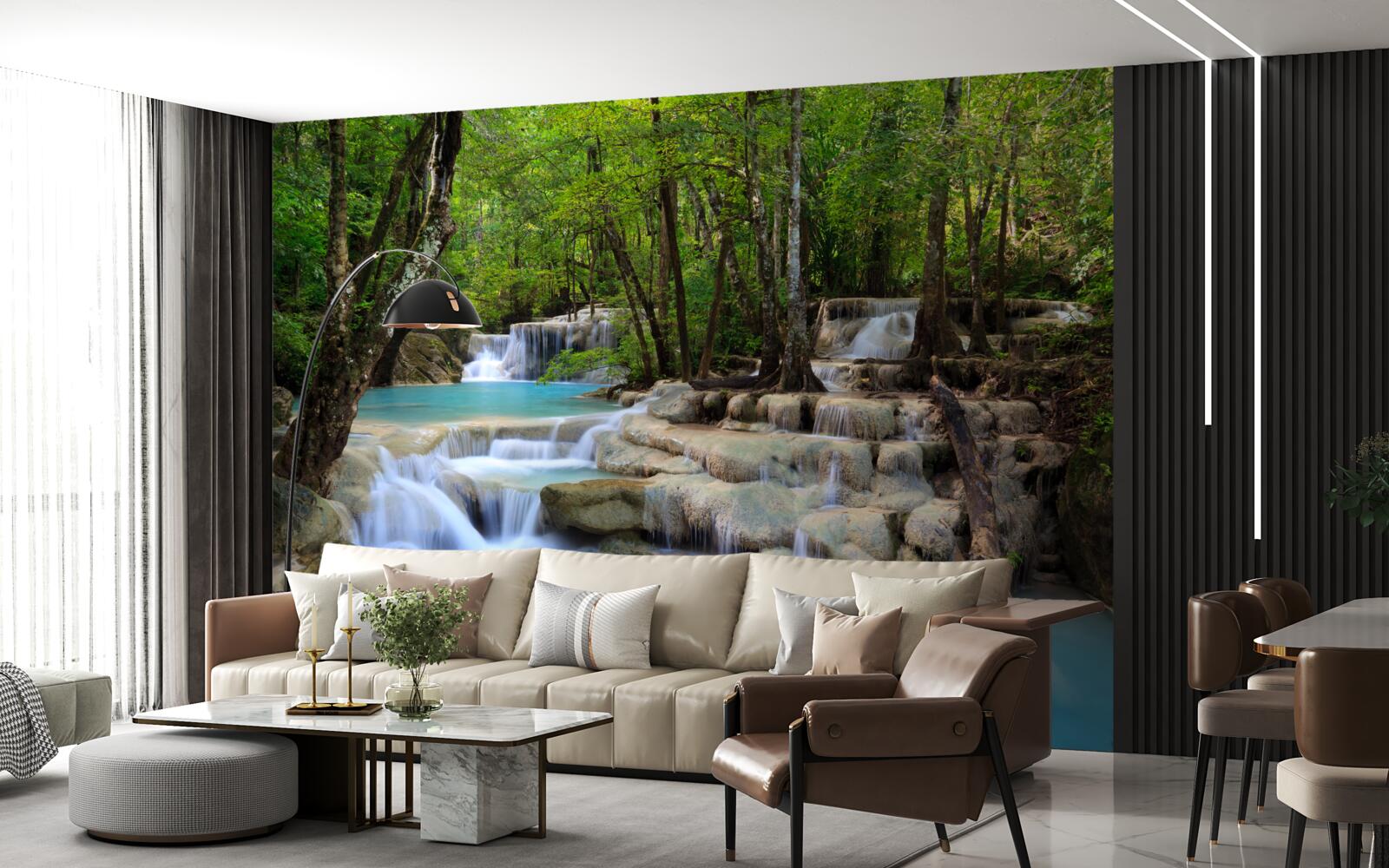 Papier peint cascades tombant dans une forêt dense