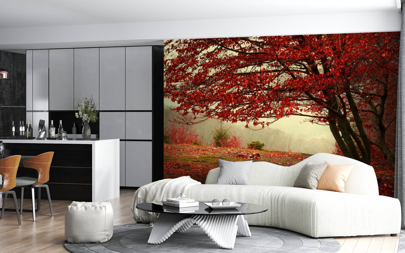 Papier peint matin brumeux d'une forêt d'automne avec des nuances de bordeaux