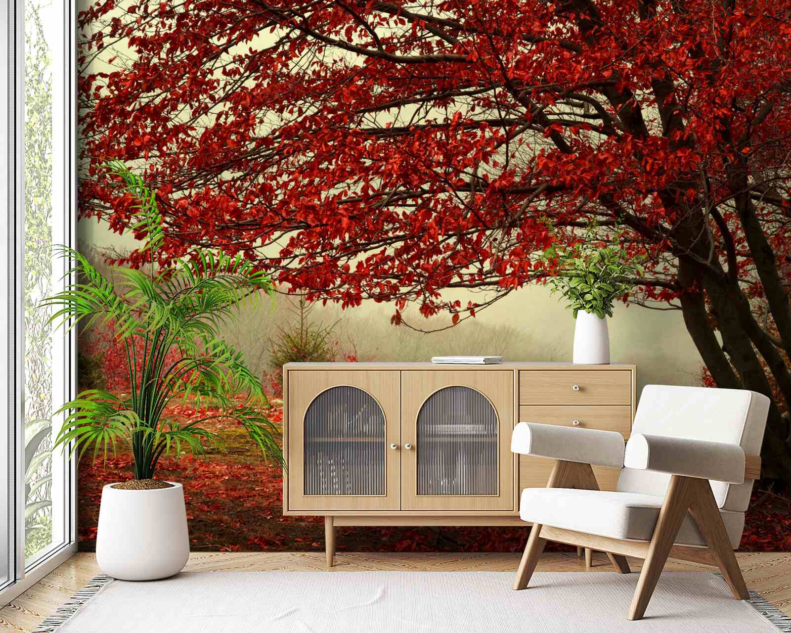 Papier peint matin brumeux d'une forêt d'automne avec des nuances de bordeaux