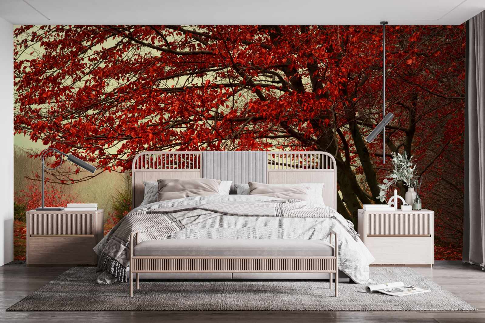 Papier peint matin brumeux d'une forêt d'automne avec des nuances de bordeaux