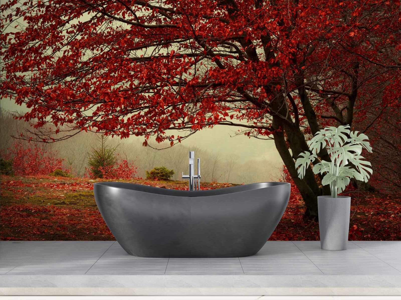 Papier peint matin brumeux d'une forêt d'automne avec des nuances de bordeaux