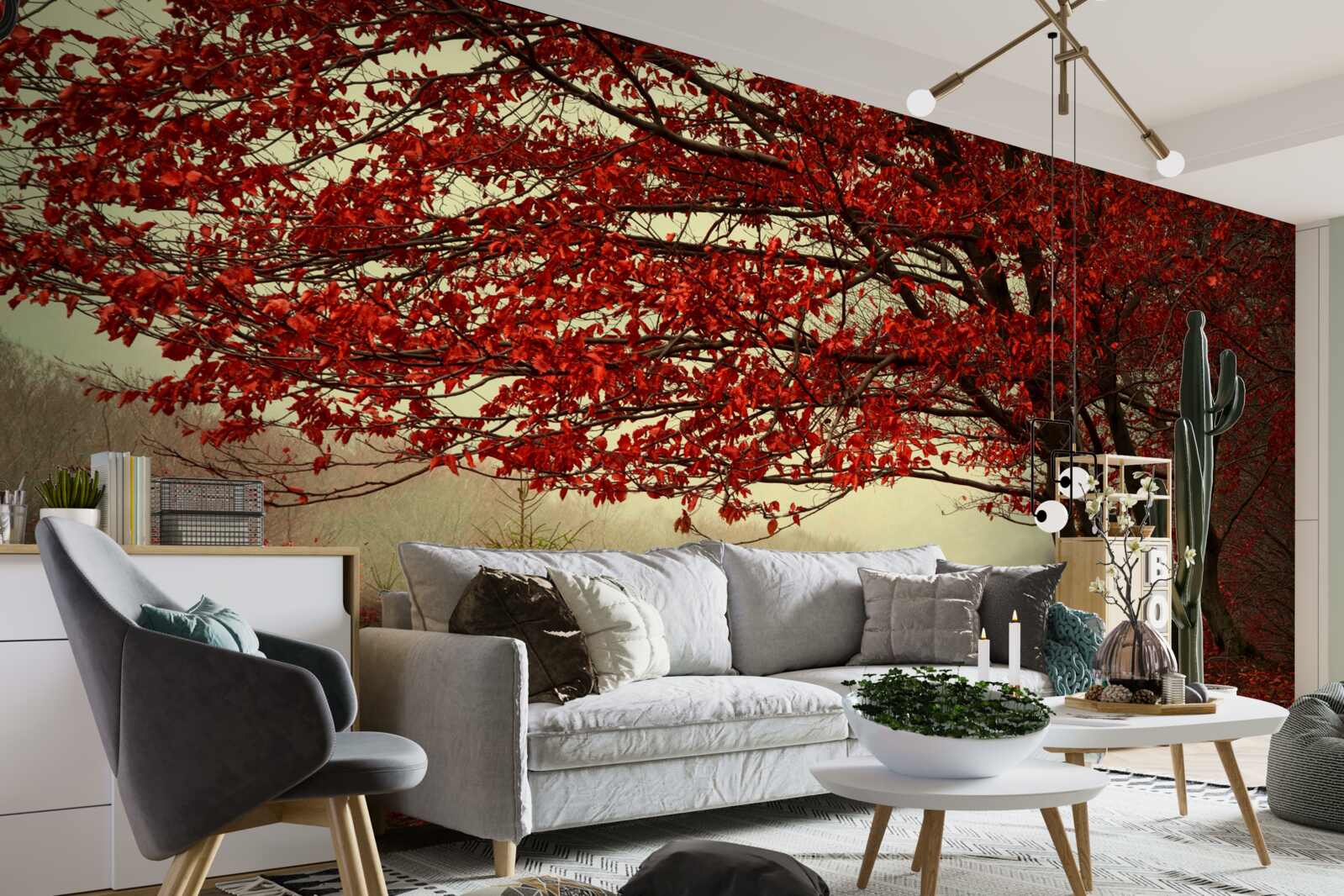 Papier peint matin brumeux d'une forêt d'automne avec des nuances de bordeaux