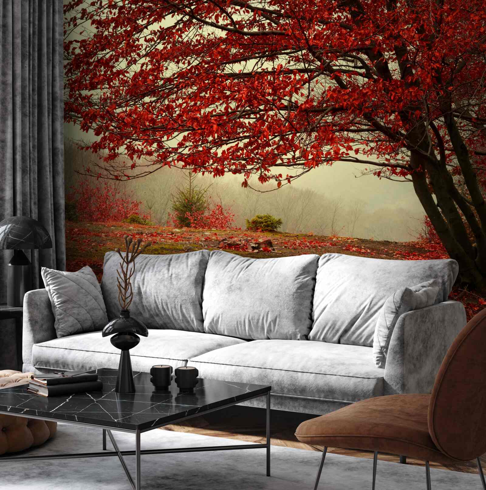 Papier peint matin brumeux d'une forêt d'automne avec des nuances de bordeaux