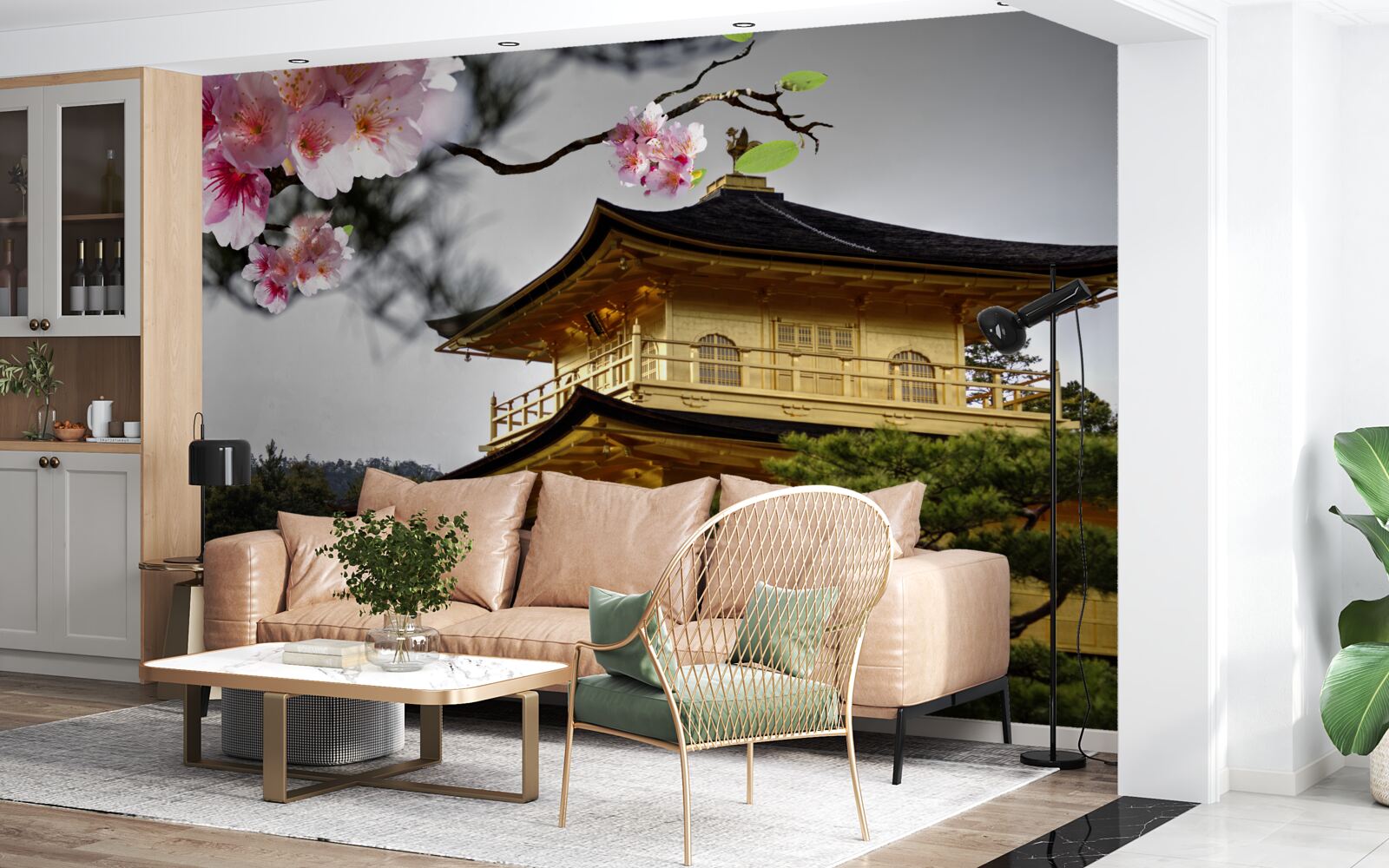 Papier peint sakura et monastère bouddhiste