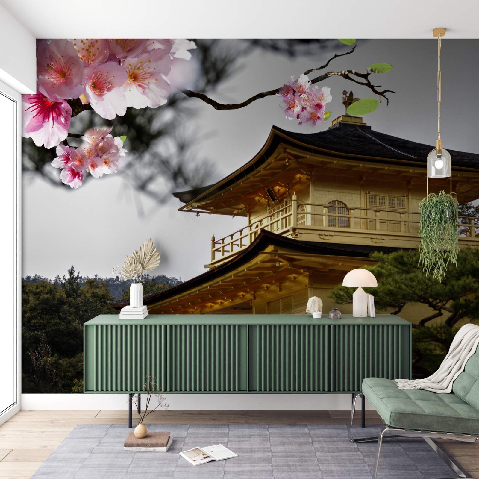 Papier peint sakura et monastère bouddhiste