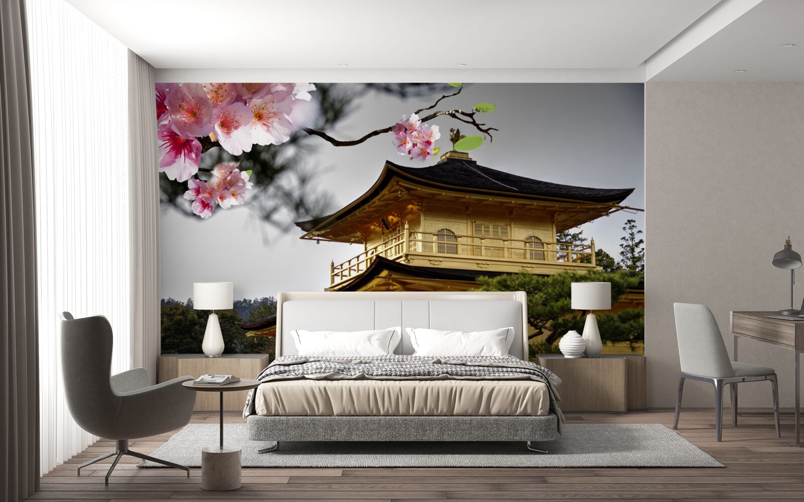 Papier peint sakura et monastère bouddhiste