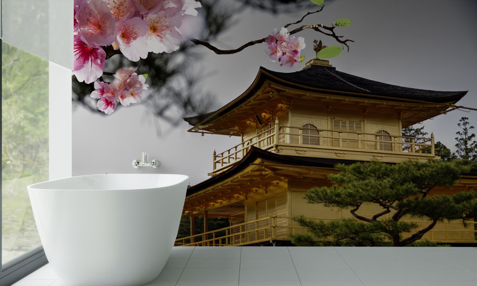 Papier peint sakura et monastère bouddhiste