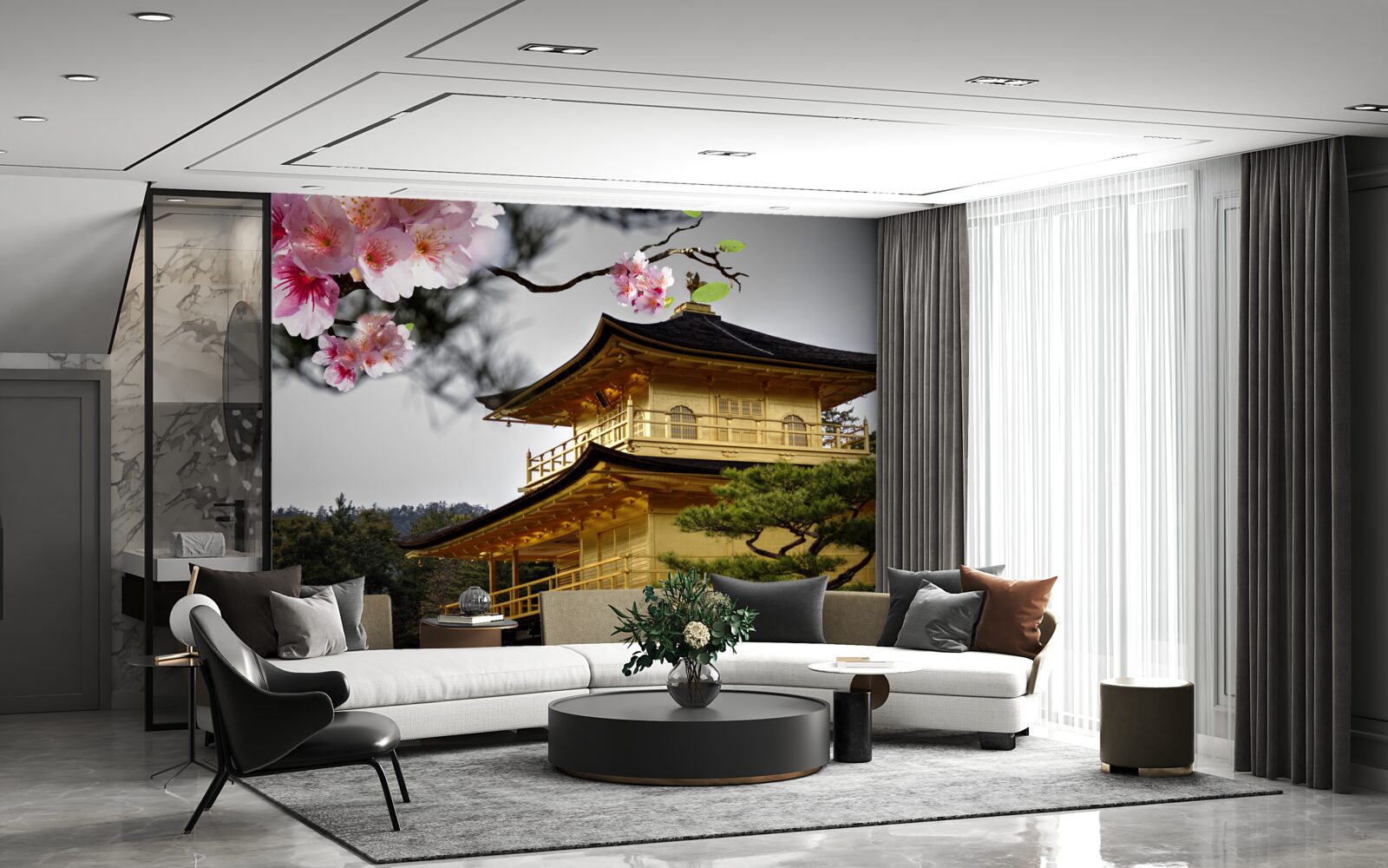 Papier peint sakura et monastère bouddhiste