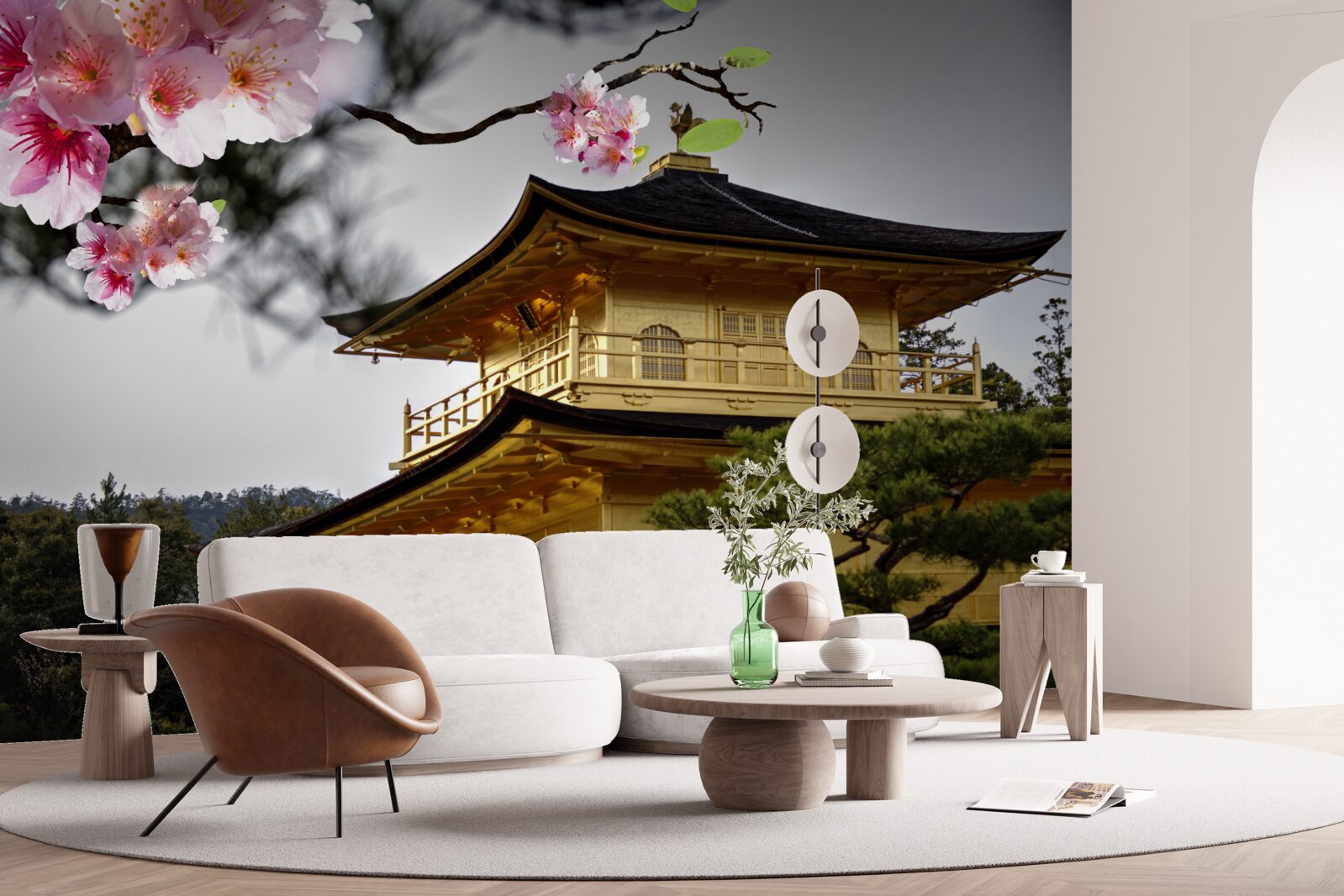 Papier peint sakura et monastère bouddhiste