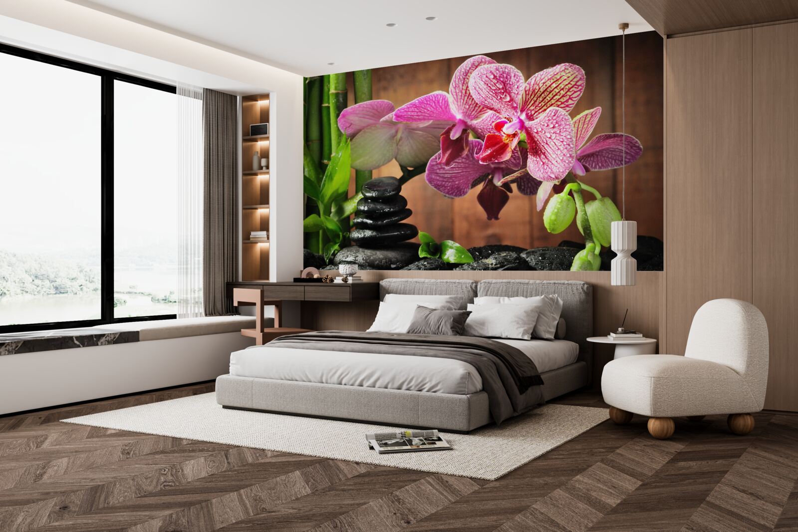 Papier peint orchidée pourpre parmi les pierres