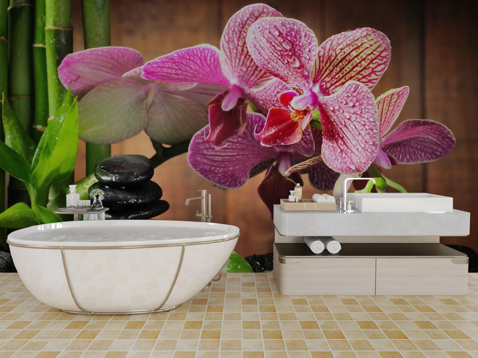 Papier peint orchidée pourpre parmi les pierres