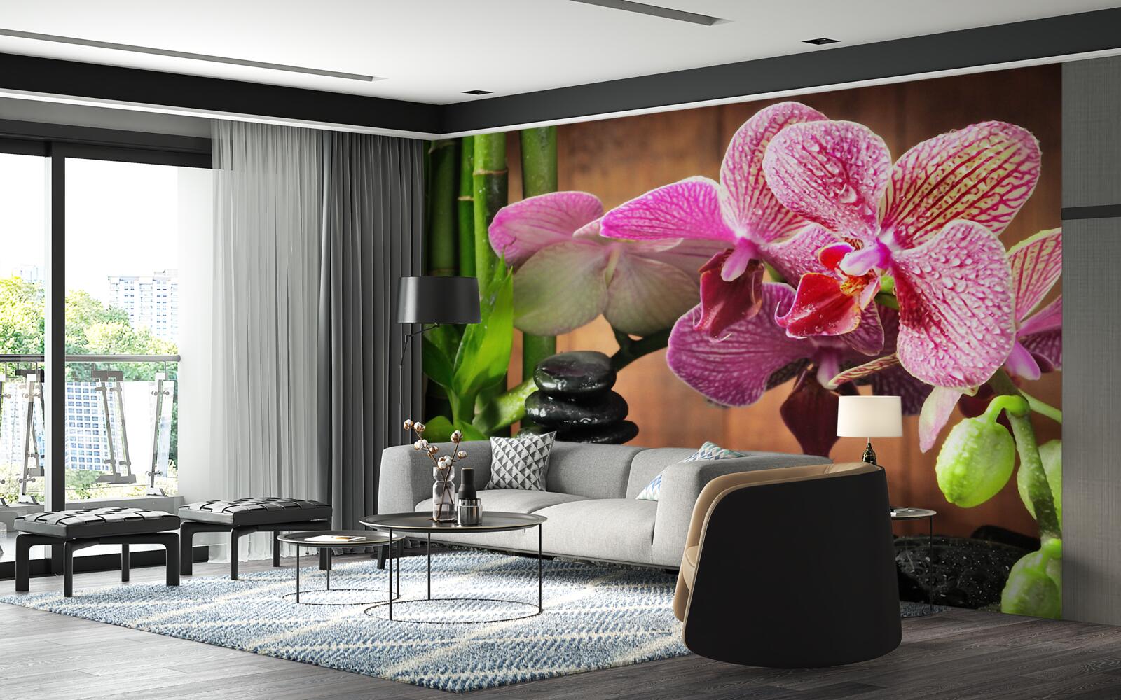 Papier peint orchidée pourpre parmi les pierres