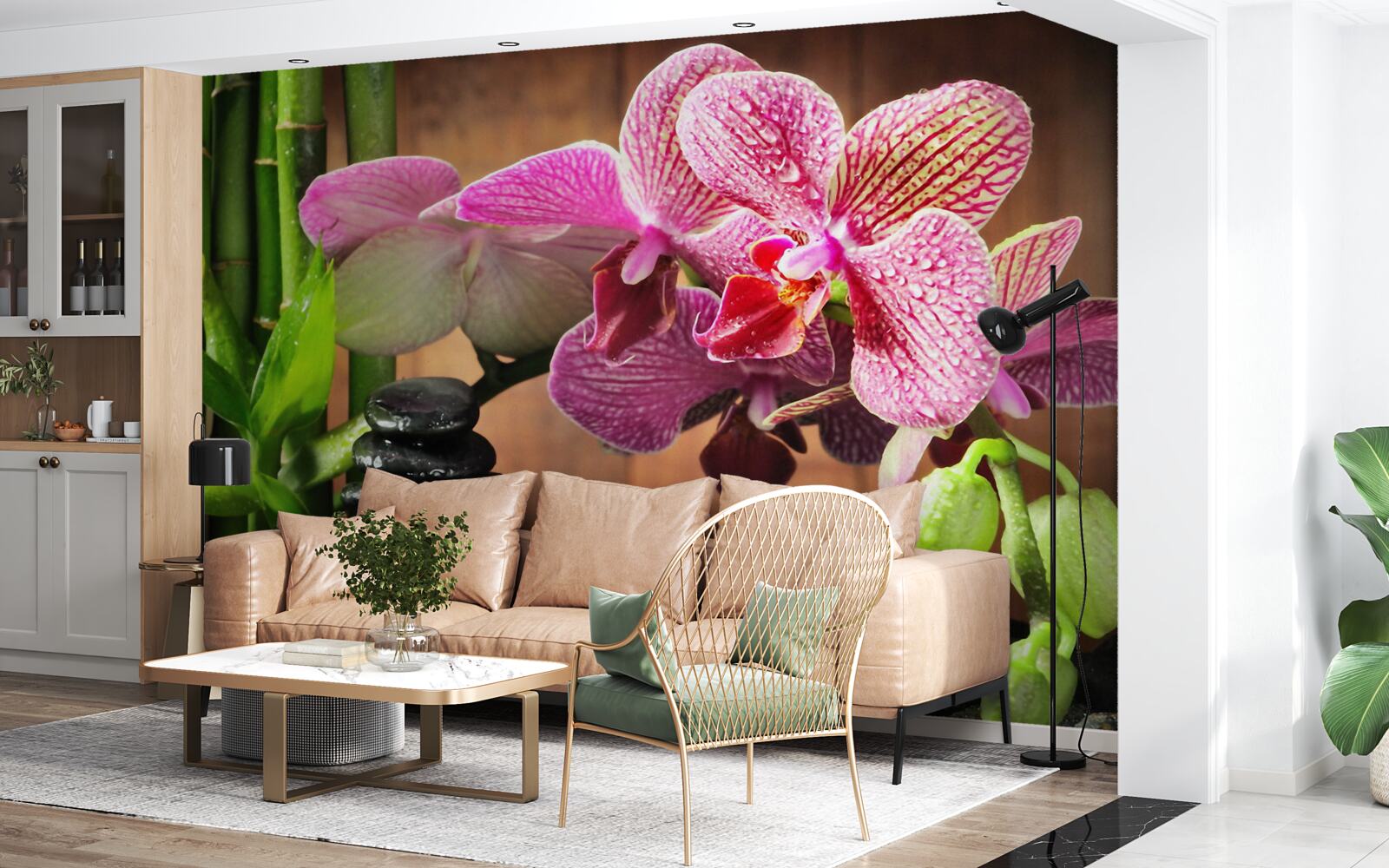 Papier peint orchidée pourpre parmi les pierres