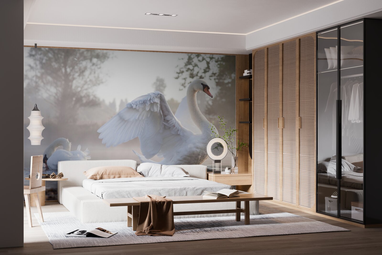 Papier peint majestueux cygne blanc comme neige flottant sur l'eau