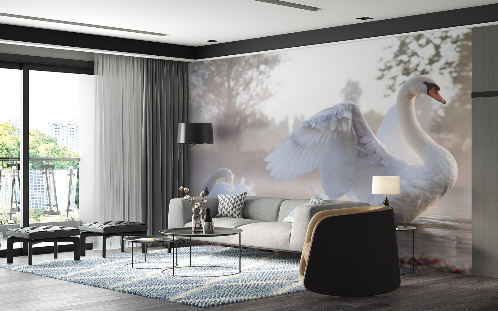 Papier peint majestueux cygne blanc comme neige flottant sur l'eau