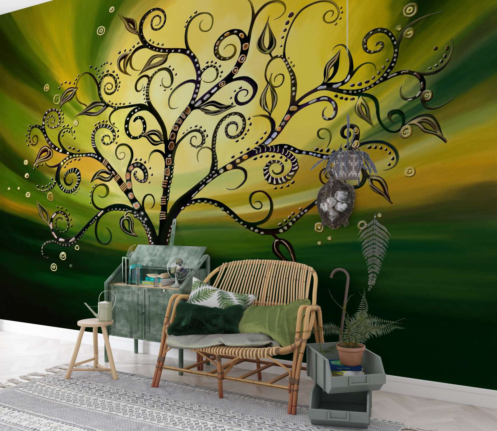Papier peint arbre avec des motifs sur un ciel vert au coucher du soleil
